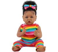 CAMANDY 55cm Realistic Reborn Dolls, African American Doll with Soft Cloth Body, Blue Eyes, Black Rooted Hair, Rainbow Outfit with Headband, 3 Years+