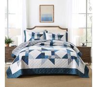 camandy Cotton Quilt Bedding Sets 3 Pieces Soft Reversible Coverlets Luxury Star Real Patchwork Bedspread, Blue White, Queen Size
