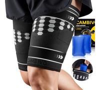 CAMBIVO Thigh Support Compression Tights 1 Pair with Hot & Cold Gel Pack for Hamstring Support Women Men Running, Gym, Sports, Pulled Muscle Strains with Two Adjustable Non-Slip Strap (L)