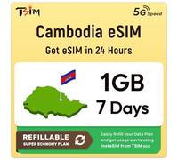 Cambodia Data eSIM | 7 Days 1GB | Auto Activation | QR Code Sent via Email in 24Hrs - Scan & Use Immediately | 5G Speed + Hotspot | No Phone Number | Refillable Plan via InstaSIM App