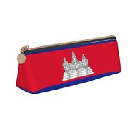 Cambodia Flag Print Large Capacity Leather Pencil Case Smooth Zippered Pen Pouch School Travel Makeup