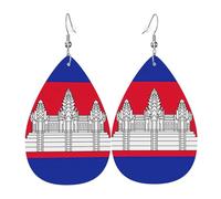 Cambodia Flag Printed Dangle Leather Earrings, Reversible Statement Jewelry with Silver Plated Hooks
