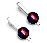 Cambodian Map Flag Flag Theme Tie Clip for Men,Round Tie Bar Clips And Cufflinks Set for Luxury Clothing Accessories 2 Pcs&-1&-13