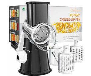 Cambom Rotary Cheese Grater Cheese Shredder - Kitchen Manual Cheese Grater with Handle Vegetable Slicer Nuts Grinder 3 Replaceable Drum Blades and Strong Suction Base Free Cleaning Brush