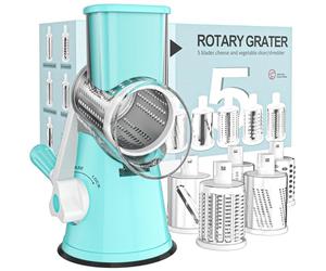 Cambom Rotary Cheese Grater Hand Crank Cheese Shredder for Fresh Cheese, Vegetable, Nuts,Non-Slip Suction Base, Five Blades, Blue