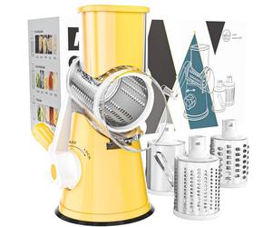 Cambom Rotary Cheese Grater Hand Crank Cheese Shredder for Fresh Cheese, Vegetable, Nuts,Non-slip Suction Base, Free Cleaning Brush Three Blades,Yellow