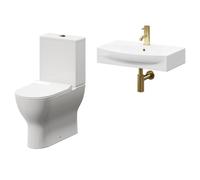 Cambra Wall Hung Basin and Toilet Suite including Round Brushed Brass Bottle Trap and Closed Back Toilet | White | ABS Polished Chrome | 600mm