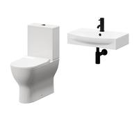 Cambra Wall Hung Basin and Toilet Suite including Round Matt Black Bottle Trap and Closed Back Toilet | White | ABS Polished Chrome | 600mm