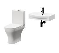 Cambra Wall Hung Basin and Toilet Suite including Round Matt Black Bottle Trap and Open Back Toilet | White | Ceramic | 600mm