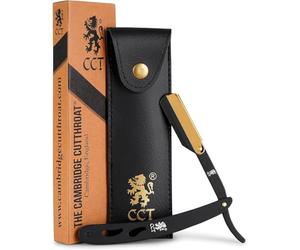 Cambridge Cutthroat Open Blade Razor for Men - Black & Gold Stainless Steel Handle, Swing-Lock Single Edge Cut Throat Razor with Leather Travel Pouch, Beard Shaping & Wet Shaving (Blades Not Included)