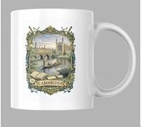 Cambridge Souvenir Mug, Ceramic Coffee Mug with Historic Riverside Scene, Ornamental Border Design, Punting and College Architecture Theme