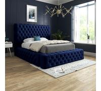 Cambridge Upholstered Soft Velvet Fabric Buttons Bed - Blue / Double