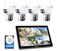 Camcamp CCTV Camera System with 10 Inch LCD Monitor, 4PCS Dual-Lens Wireless Outdoor Security Cameras, 500GB HDD, No Subscription, 24/7 Record, Colour Night Vision, IP66, for Home Farm Rural Property