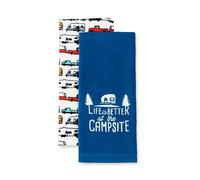 Camco Life is Better at The Campsite Camper/RV Dish Towel Set - Features a Camping/RV Themed Towel & a Navy Blue with White Logo Towel - Designed with 100% Cotton - 2-Pack (53301)