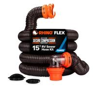 Camco RhinoFLEX 15' RV Sewer Hose Kit - Includes 4-in-1 Adapter, Clear Elbow, & Caps - Connects to 3″ Slip & 3″, 3 1/2″, 4″ NPT Threaded Sewer Connections (39770)