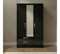 Camden Wardrobe - 3 Door - Tall Combi - with 1 Mirror - LHF 2 Drawers - Black Gloss