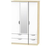 Camden White Gloss and Oak Effect 3 Door Combi Wardrobe - 1 Mirror