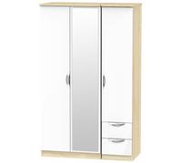 Camden White Gloss and Oak Effect 3 Door Combi Wardrobe - 1 Mirror and RHF 2 Drawers