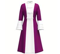 CAMDOM Church Clergy Dress for Women Minister Spring/Autumn A Line Long Sleeve Black White Patchwork Dress with Tab Collar