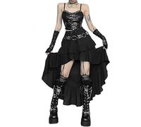 CAMDOM Girl Steampunk Irregular Skirt Gothic High Low Retro Ruffle Midi Skirts Black