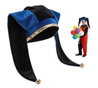 CAMDOM Jester Hat with Bells Black and Red Harlequin Fool Hat Medieval Carnival Costume Accessory with Gold Trim for Adults Halloween Masquerade Party