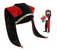 CAMDOM Jester Hat with Bells Black and Red Harlequin Fool Hat Medieval Carnival Costume Accessory with Gold Trim for Adults Halloween Masquerade Party