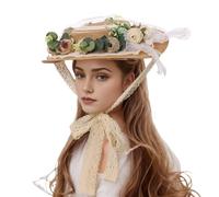 CAMDOM Victorian Womens Tea Party Sun Hat Lolita Bows Florals Flat Straw Hats Brown