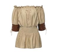 CAMDOM Women Steampunk Blouses Renaissance Medieval Tops Short Sleeve Off Shoulder Gothic Retro Pirate Shirt Khaki