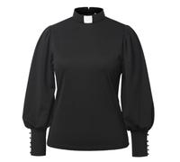 CAMDOM Womens Church Clergy Shirt Tab Collar Long Puff Sleeve with Cufflinks Blouse Top Black