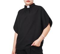 CAMDOM Womens Church Clergy Shirt Tab Collar Pleated Batwing Sleeves Blouse Top Black