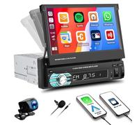 CAMECHO 1 Din Car Radio Bluetooth for Apple Carplay, Android Auto 7 Inch Capacitive Touch Screen Flip Out Car Stereo Mirror Link, FM Radio, SWC, USB, AUX, Remote Control and with a AHD Backup Camera
