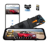 CAMECHO WIFI Triple Mirror Dash Cam, 9.66" IPS Touch Screen with 64G Card, 1080p Rear View Mirror Camera Front/Rear/Interior, 170° Wide Angle, Loop Recording, G-Sensor, Night Vision,Reverse Assist