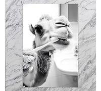 Camel Brushing Teeth, Funny Bathroom Wall Art, Cute Laundry Room Decor, Animals in Bathroom, Retro Camel Humor Print, Ai Art-1