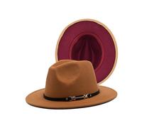 (camel*burgundy) Black Reversible Colour Blocking Hat Women's Tweed Bowler Hat Flat Brim Men's Jazz Felt Hat