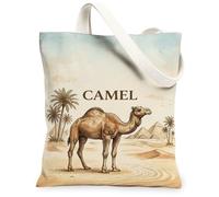 Camel Canvas Tote Bag for Women, Desert Vintage Pyramid Palm Tree Summer Brown Washable Reusable Aesthetic Tote Bags for Sh, Brown, 13x15 Inch
