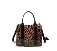 CAMEL Leopard Print Handbag, Black Patent Leather Trim, Fashion Tote Bag, Animal Pattern Design (Brown)