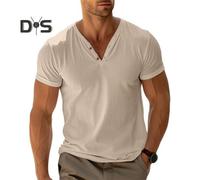 (camel, XXXL) Men's Henry Collar T-shirt Short Sleeve Solid Color Summer Tee Shirt Cotton Blend Casual Top for Daily Wear Beach Travel