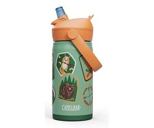 CamelBak Thrive Flip Straw Kids Bite Valve Stainless Steel Water Bottle Camp Badges, 12oz