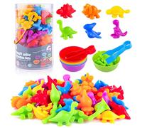 camelize 56 Pack Colour Sorting Toys for Toddlers | Counting Toys with Matching Bowl and Tweezers, Rainbow Counting Dinosaurs, Montessori Math Skills Game