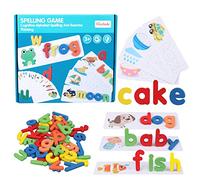 camelize Spelling Games for Kids,Alphabet Puzzle Game Toy Set with 28 Double-Sided Word Pattern Cognition Cards & 52 wooden letter blocks,Preschool Vocabulary Spelling for Kids Toddlers