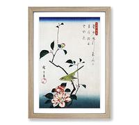 Camellia & a Nightingale by Utagawa Hiroshige Framed Print | A2 Oak Framed Wall Art | Ready to Hang | Asian Floral Picture | Living Room Bedroom Lounge Office