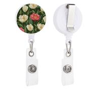 Camellia Flower Pattern on Green Retractable Badge Holder Reel Clip ID Card Holder for Doctor Nurse Student Office Worker