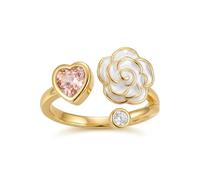 Camellia Flower Pink Heart Statement Wrap Finger Ring for Women Adjustable Dainty CZ Crystal Love Hearted Enamel Floral Rose Open Stacking Rings Wedding Engagement Promise Band Romantic Jewelry for