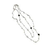 Camellia Pearl Long Necklace for Women, Multi-Layer Chain with Gold Links and White Beads, Black and White Floral Pendant, Vintage Adjustable Lariat for Winter Sweater