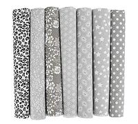 Camelliass 7pcs Floral Cotton Fabric Squares, 50cm x 50cm, Fat Quarters, Grey, Floral, Dots, Stripes, Stars, Fabric Squares