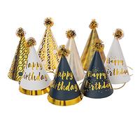 Camelliass 8 Pcs Black Gold Birthday Party Cone Hats with Pom Poms for Kids & Adults, One Size, Paper, Unisex, All Ages
