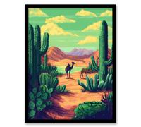 Camels in Desert Cacti Oasis Pixel Art Landscape Framed Art Print Artery8 Green W12 inch x H16 inch