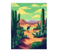 Camels in Desert Cacti Oasis Pixel Art Landscape Wall Art Print Artery8 Green W24 inch x H32 inch