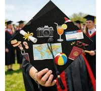Camera Graduation Cap Topper, Travel Summer Map Beach Ball Summer Black 2026 College Grad Cap Decorations Graduation Party Favors for Photoshoot Souvenir Event 9.5x9.5 Inch