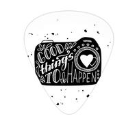 Camera Guitar Picks Picks 12 Pack with Thin Box,Things to Happen Words with Leaves Blooms Ornaments Grunge Happiness Print,Special Guitar Plectrums Gift Set for Guitarist,Black and White